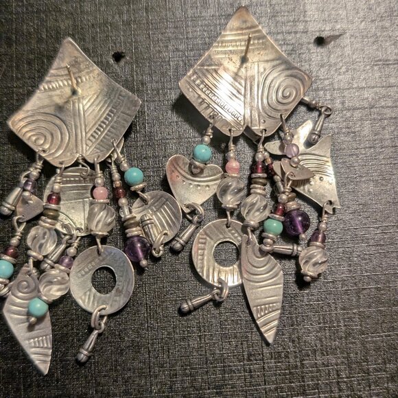 VTG Signed Tabra Earrings Silver Tone Dangle Multi-Layered Multiple Beads Colors - Picture 4 of 8
